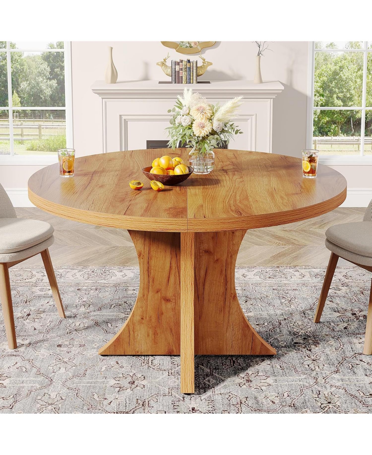 Tribesigns Round Dining Table for 4-6, 47.24-Inch Farmhouse Kitchen Table, Wood Dining Table with Pedestal Base, Dinner Table for Dining Room,Li