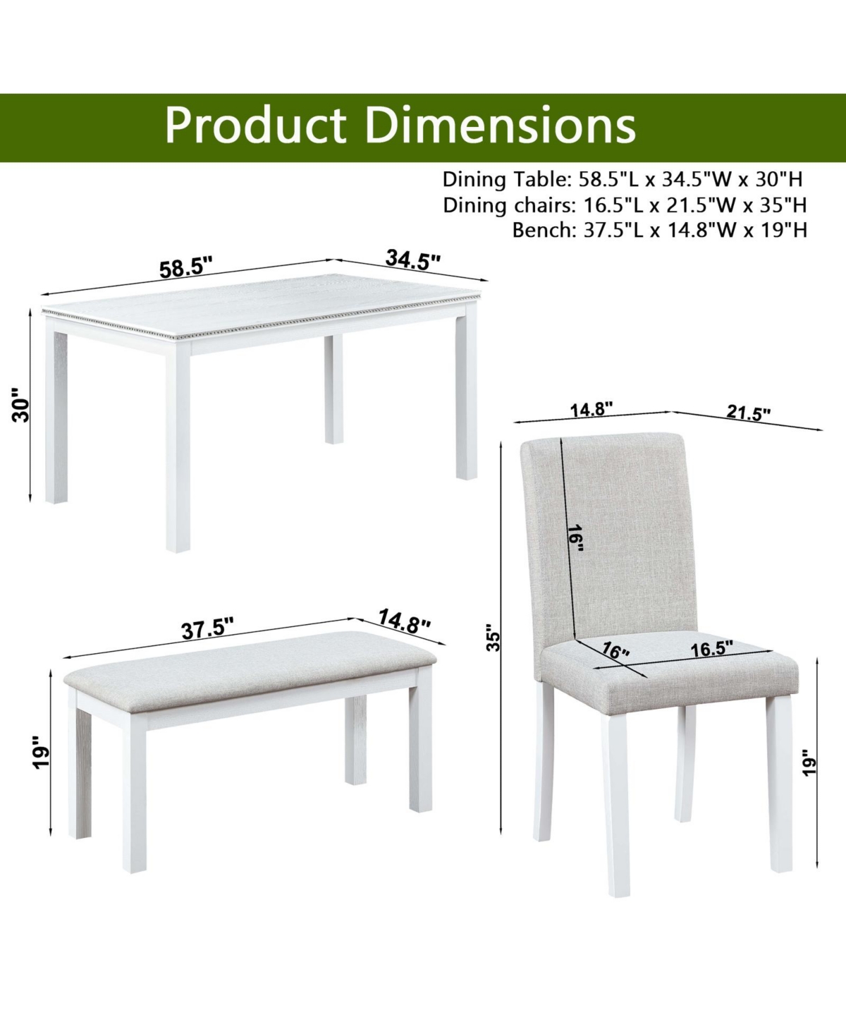 Streamdale Furniture White Rectangular Dining Table with Bench for 6 - Beige+white