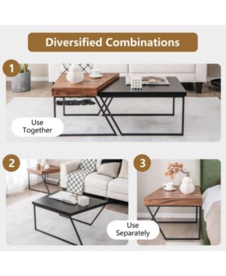 Set of 2 Coffee Tables with Powder-Coated Metal Legs, Modern Nesting Accent Tables