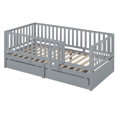 Twin Size Wood Daybed with Guardrails and Drawers