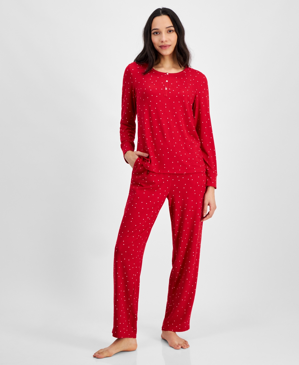 Charter Club Women's 2-pc. Printed Long-sleeve Packaged Pajamas Set, Created For Macy's In Ditsy Star Red