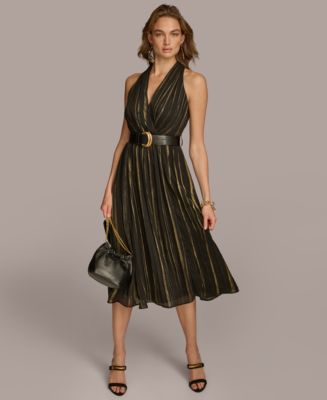 【Donna Karan New York】Printed Tie-Waist A-Line Dress Donna Karan New York Women's Printed Tie-waist V-neck A-line