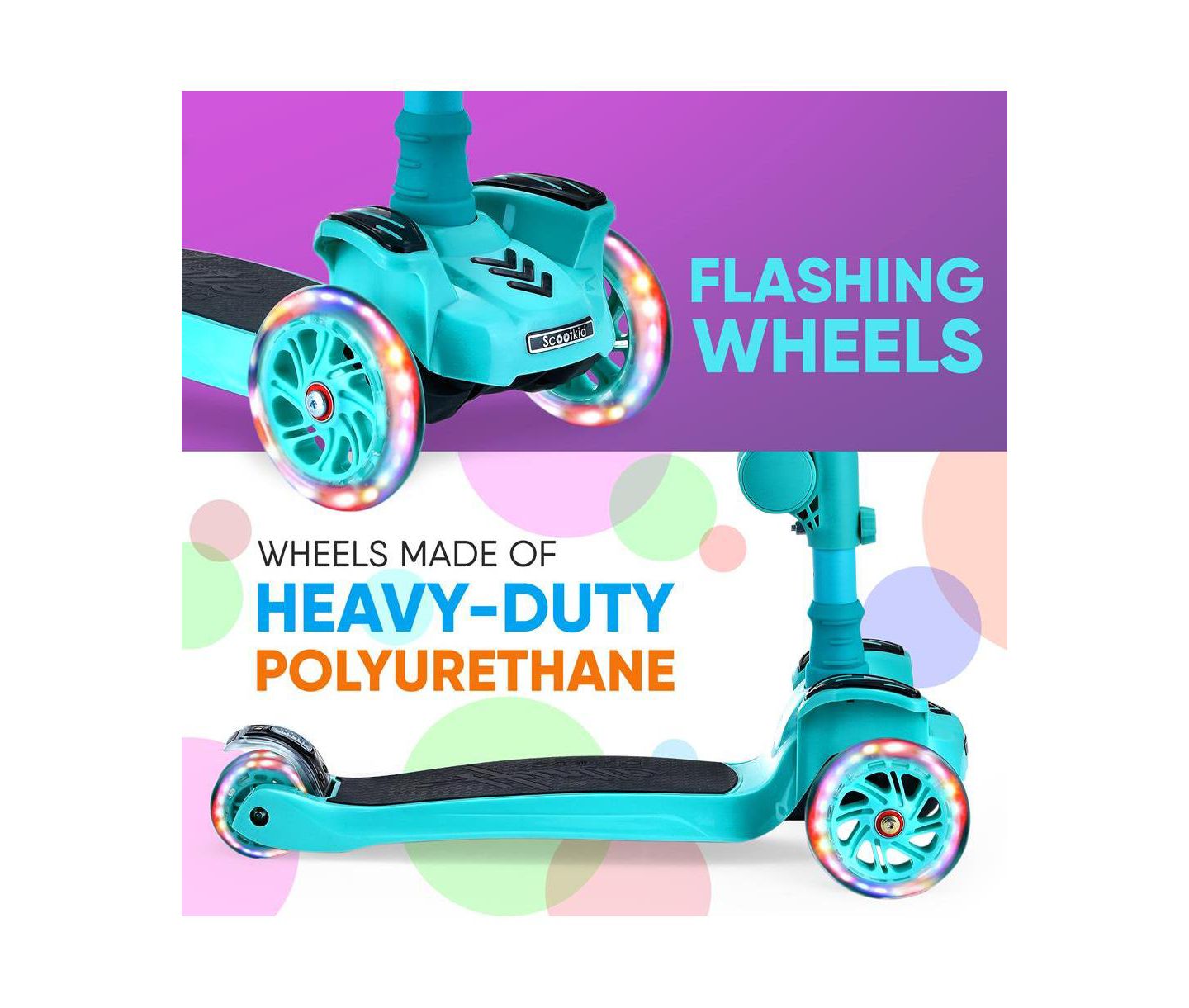 Детская игрушка Hurtle ScootKid 3-Wheel Scooter with Foldable Seat and Flashing Wheel Lights, Ages 1-12, цвет: Бирюзовый синий — фото 4