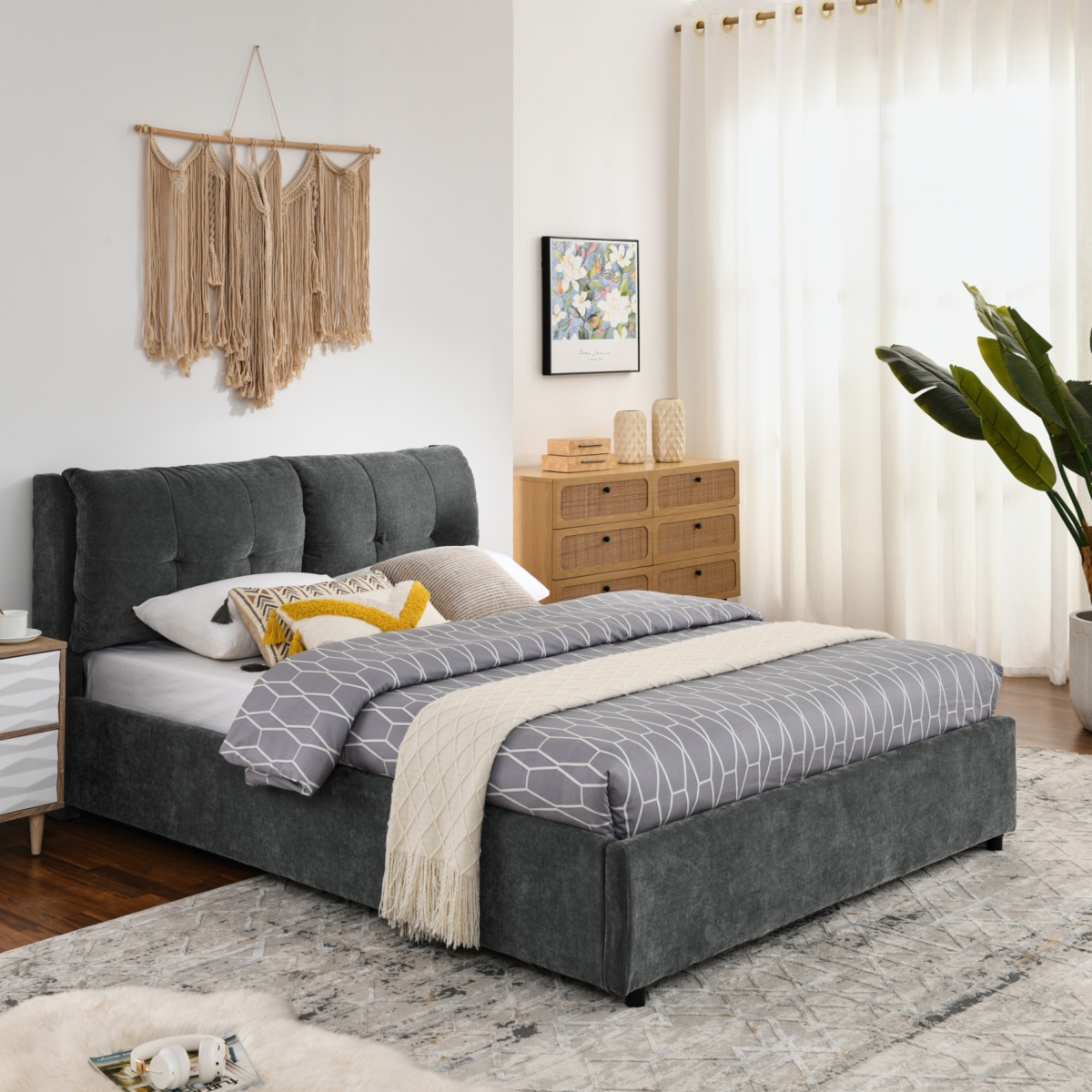 Streamdale Furniture Platform Bed with Hydraulic Storage and Headboard Chenille - Gray