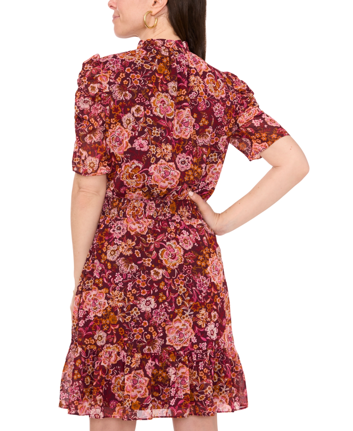 Msk Petite Floral-Print Puff-Sleeve Fit & Flare Dress