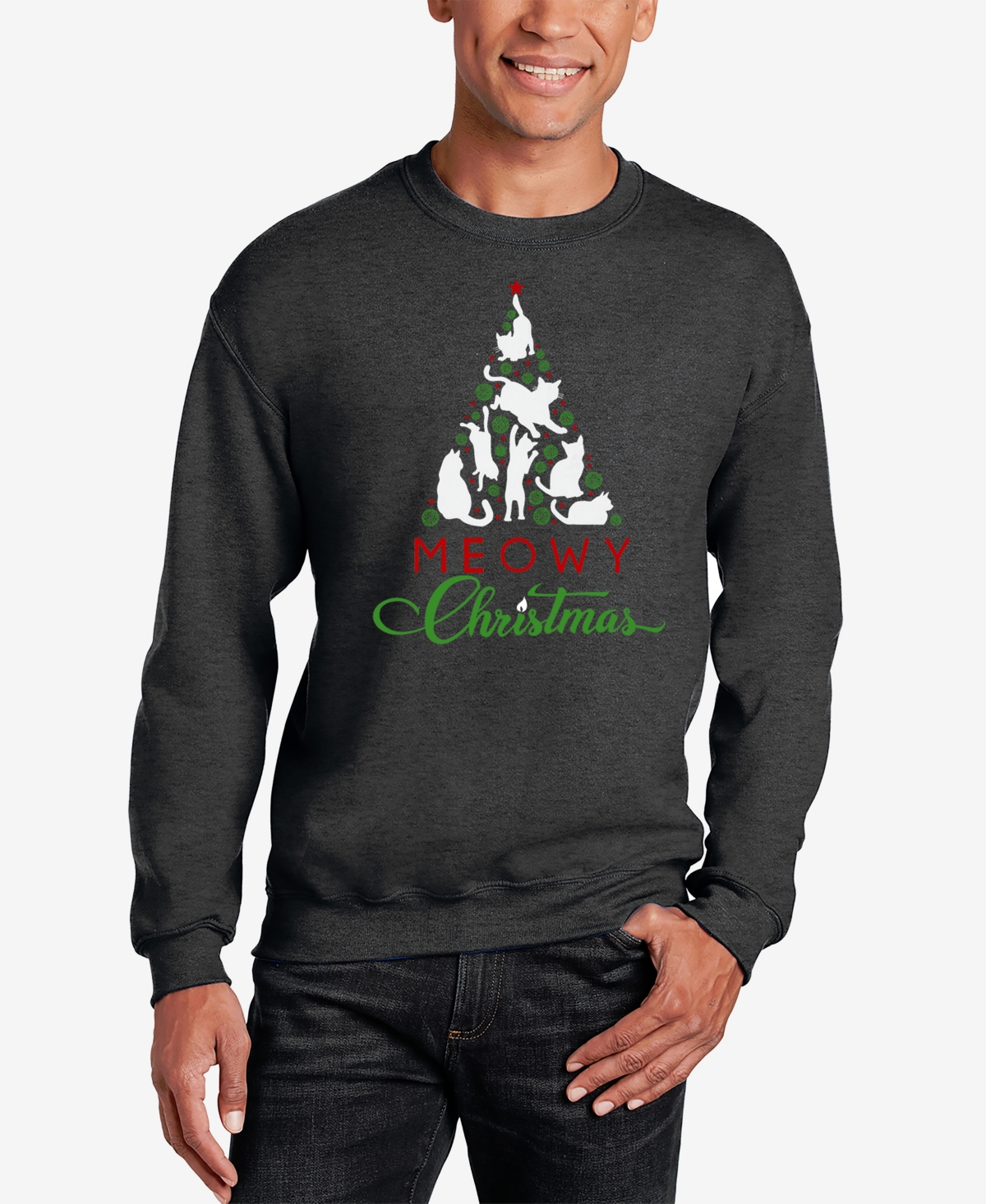 La Pop Art Men's Meowy Christmas Tree Word Art Crewneck Sweatshirt
