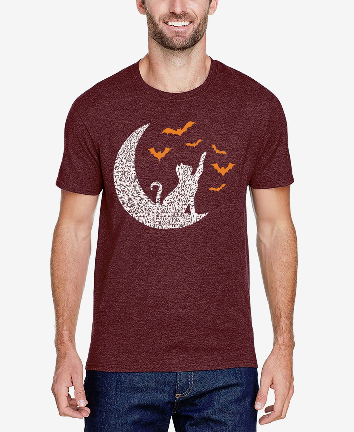Men's Cotton/Poly Blend Word Art T-Shirt - Lunar Cat with Bats