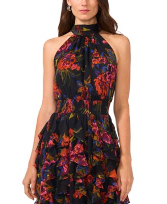 1.STATE Women's Floral Smocked Cascade-Ruffle Halter Maxi