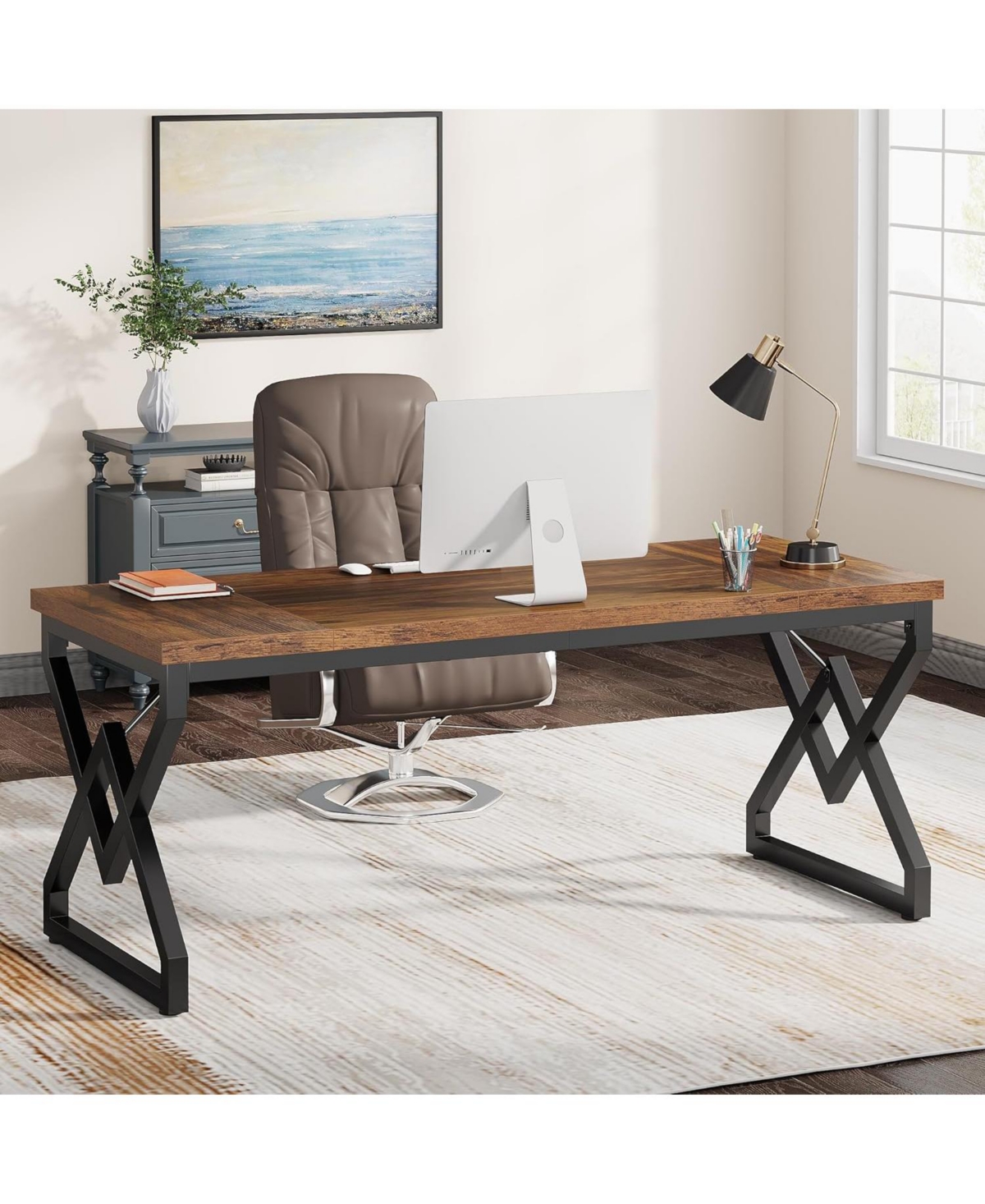 Tribesigns Executive Desk, Office Desk with Extra Thickened Wooden Tabletop and Metal Frame, 63 Inches Computer Desk Writing Table Study Desk fo