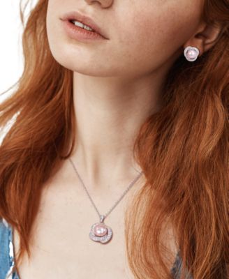 2-Pc. Set Pink Cultured Freshwater Pearl (9-1/2mm - 10-1/2mm) & Cubic Zirconia Love Knot Pendant Necklace & Matching Stud Earrings in Sterling Silver