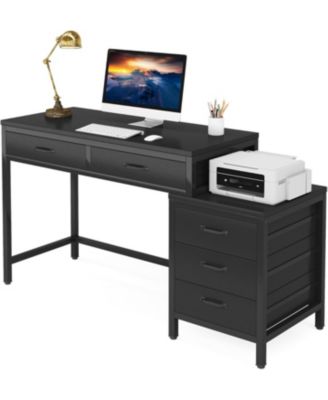 Computer Desk with 5 Drawers, Home Office Desks with Reversible Drawer Cabinet Printer Stand, Rustic Study Writing Table Workstation
