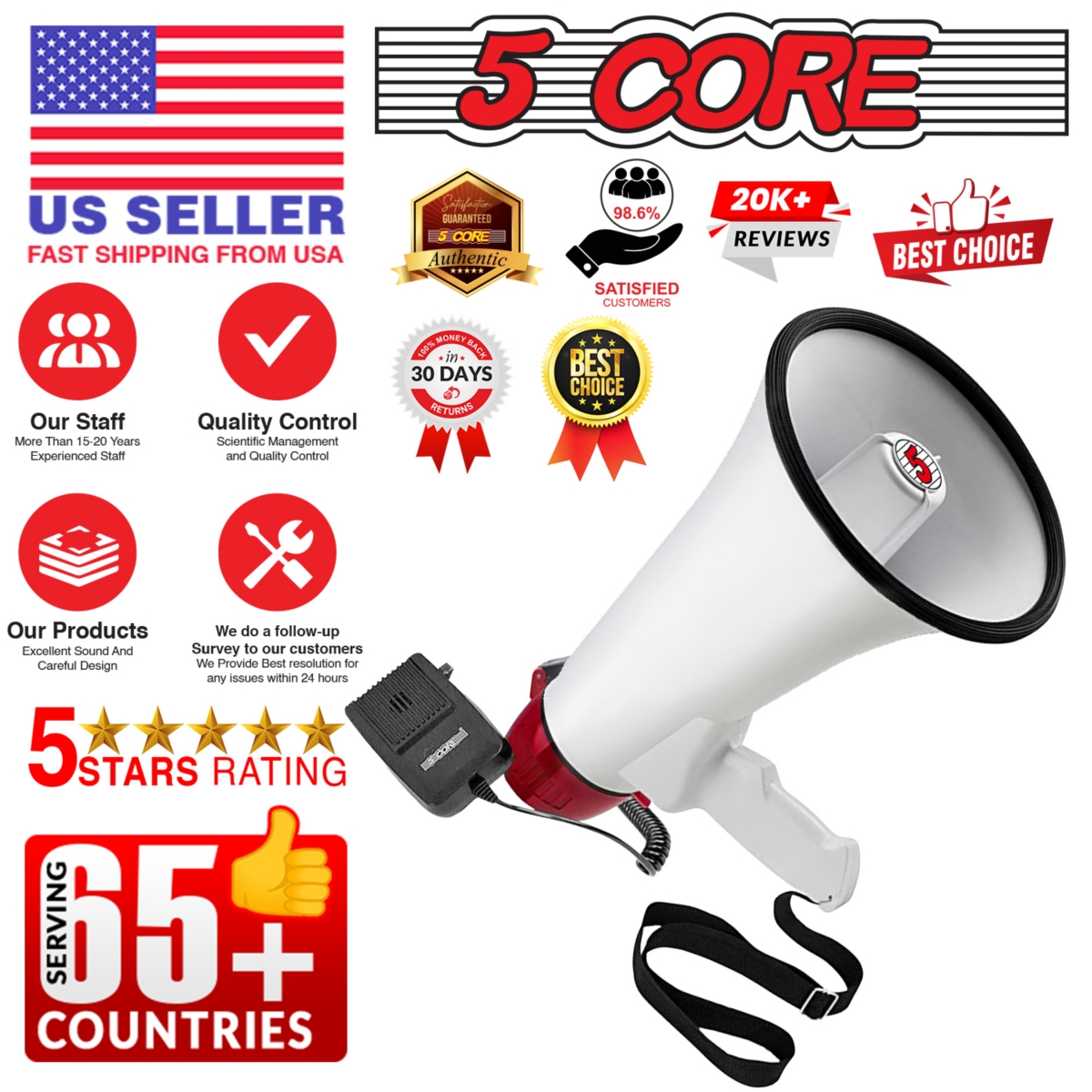 5 Core 40W Megaphone Bullhorn Cheer Bull Horn Speaker Rechargeable Range Siren Recording Bluetooth Usb Sd Card Aux Detachable Microphone for