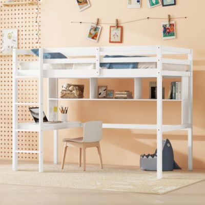 Twin Loft Bed with Desk, Bookcase, and Guardrails in White