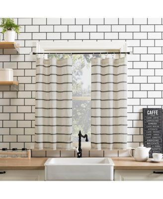 Twill Stripe Anti-Dust Linen Blend Sheer Cafe Curtain Pair