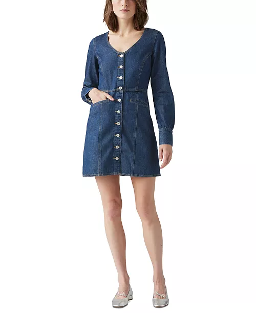 women's monroe cotton denim a-line button-front dress