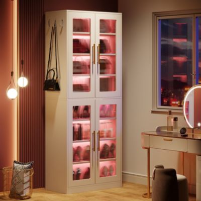 Tall Shoe Cabinet with Acrylic Doors and LED Lights, 8-Tier Entryway Shoe Storage Rack with Adjustable Shelves and Hanging Hooks