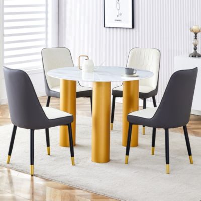 Marble Table and Chair Set: Gold Legs, Plush Chairs