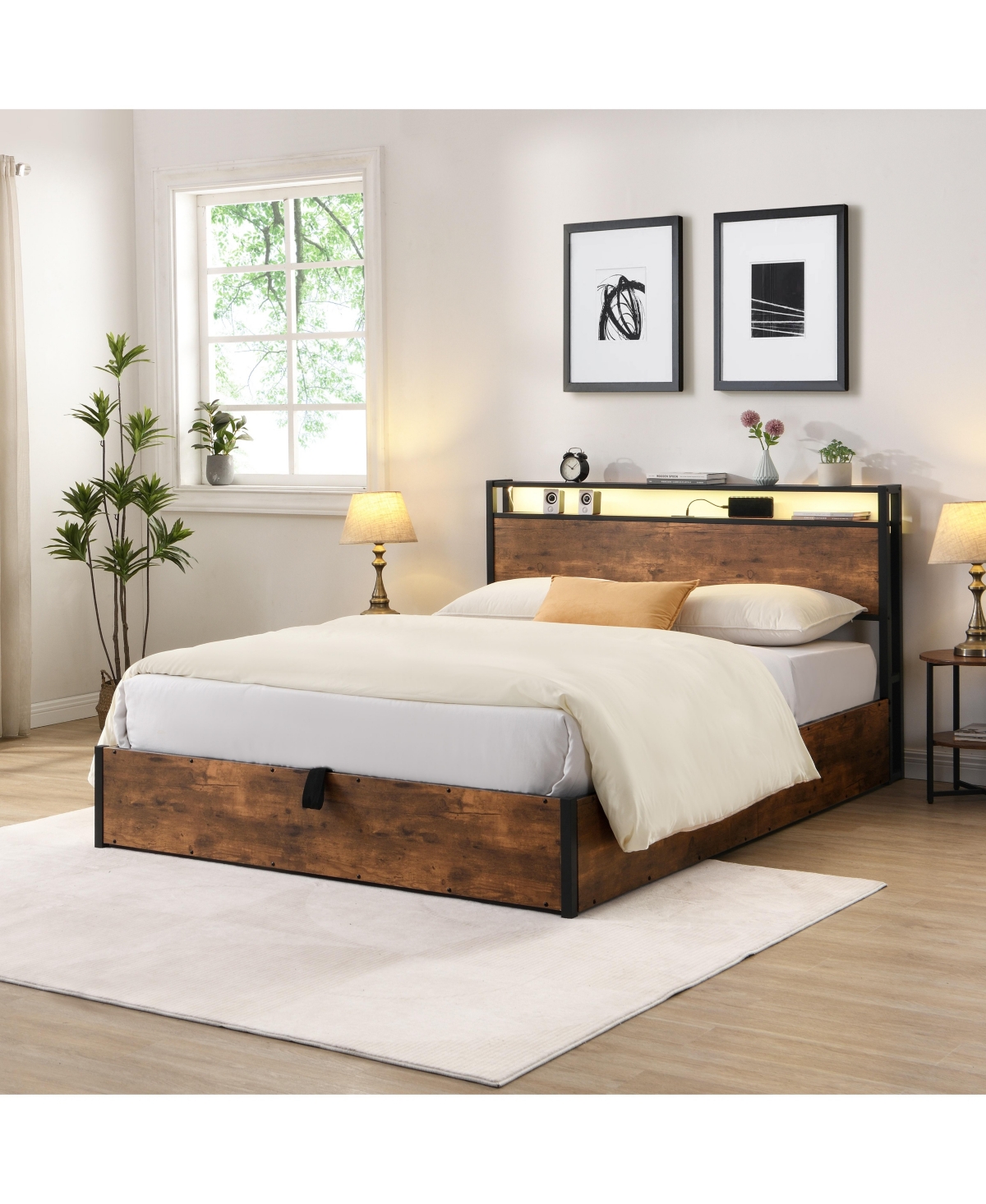 Streamdale Furniture Full Size Lift-up Storage Bed Frame with Headboard and Charging Station