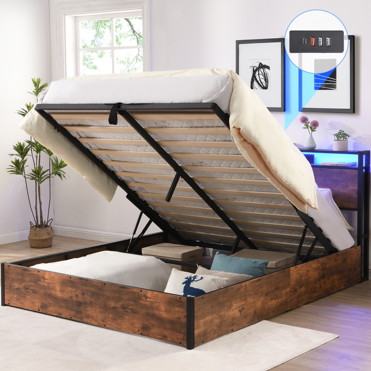 Streamdale Furniture Full Size Lift-up Storage Bed Frame with Headboard and Charging Station