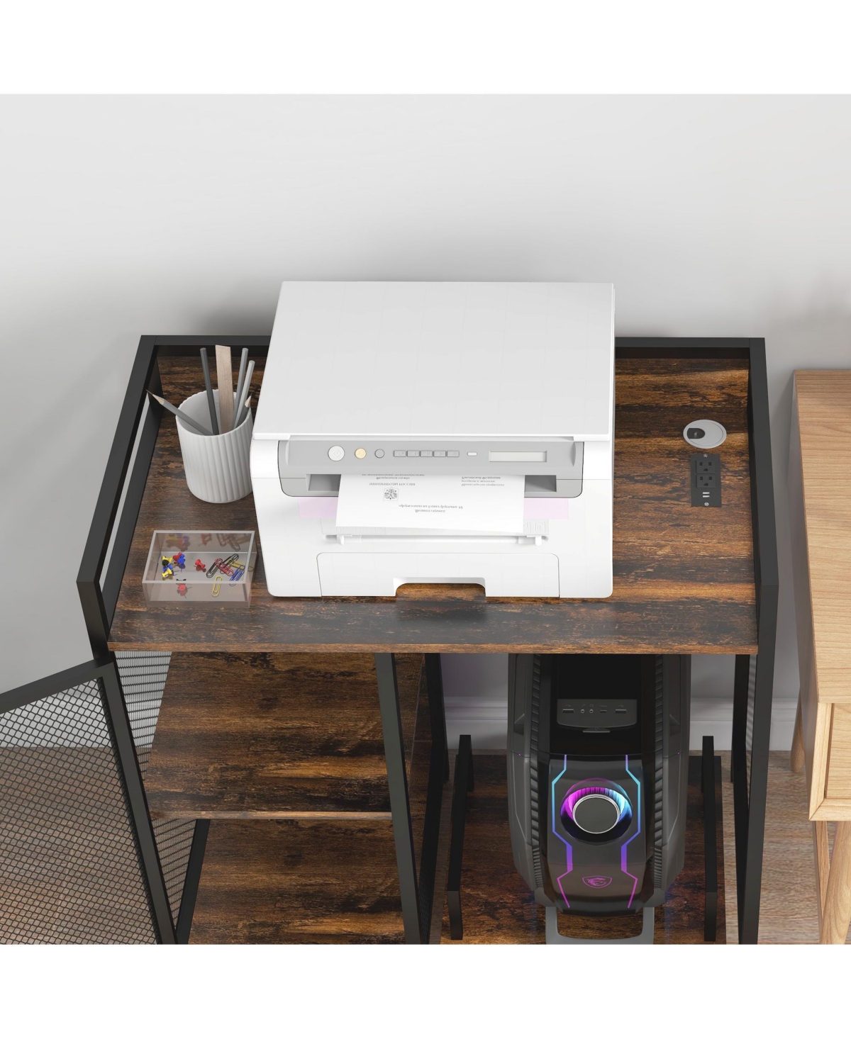Streamdale Furniture Industrial Printer Stand with Usb Charging Ports,- Rustic brown
