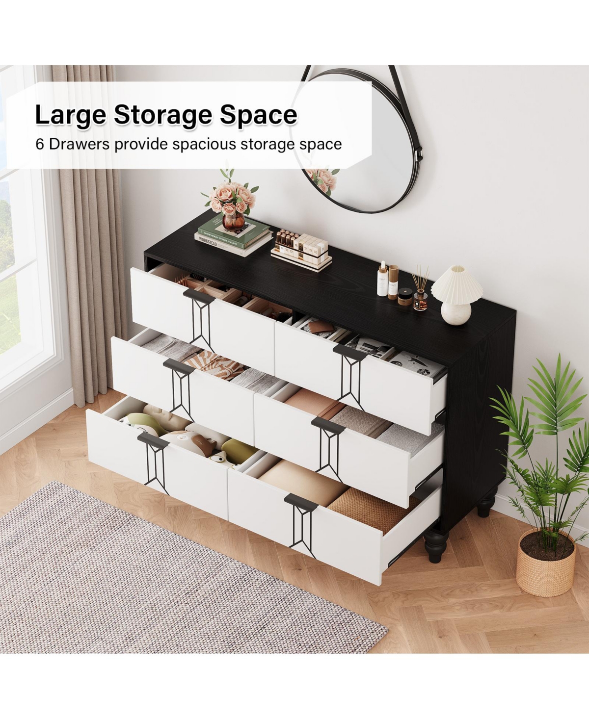 gaomon 6 Drawer Dresser with Deep Drawers for Bedroom, Modern Wooden Chest Dresser with Deep Drawers with Vintage Pattern Design, Metal Handle, Black