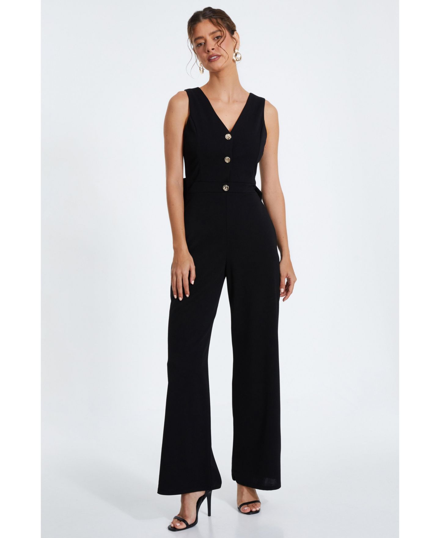 Женский комбинезон QUIZ Scuba Crepe Button Front Jumpsuit - Black, цвет: Чёрный — фото 1