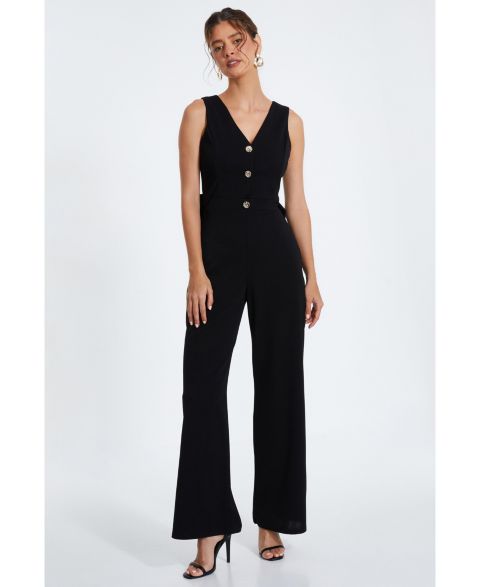 Женский комбинезон QUIZ Scuba Crepe Button Front Jumpsuit - Black, цвет: Чёрный