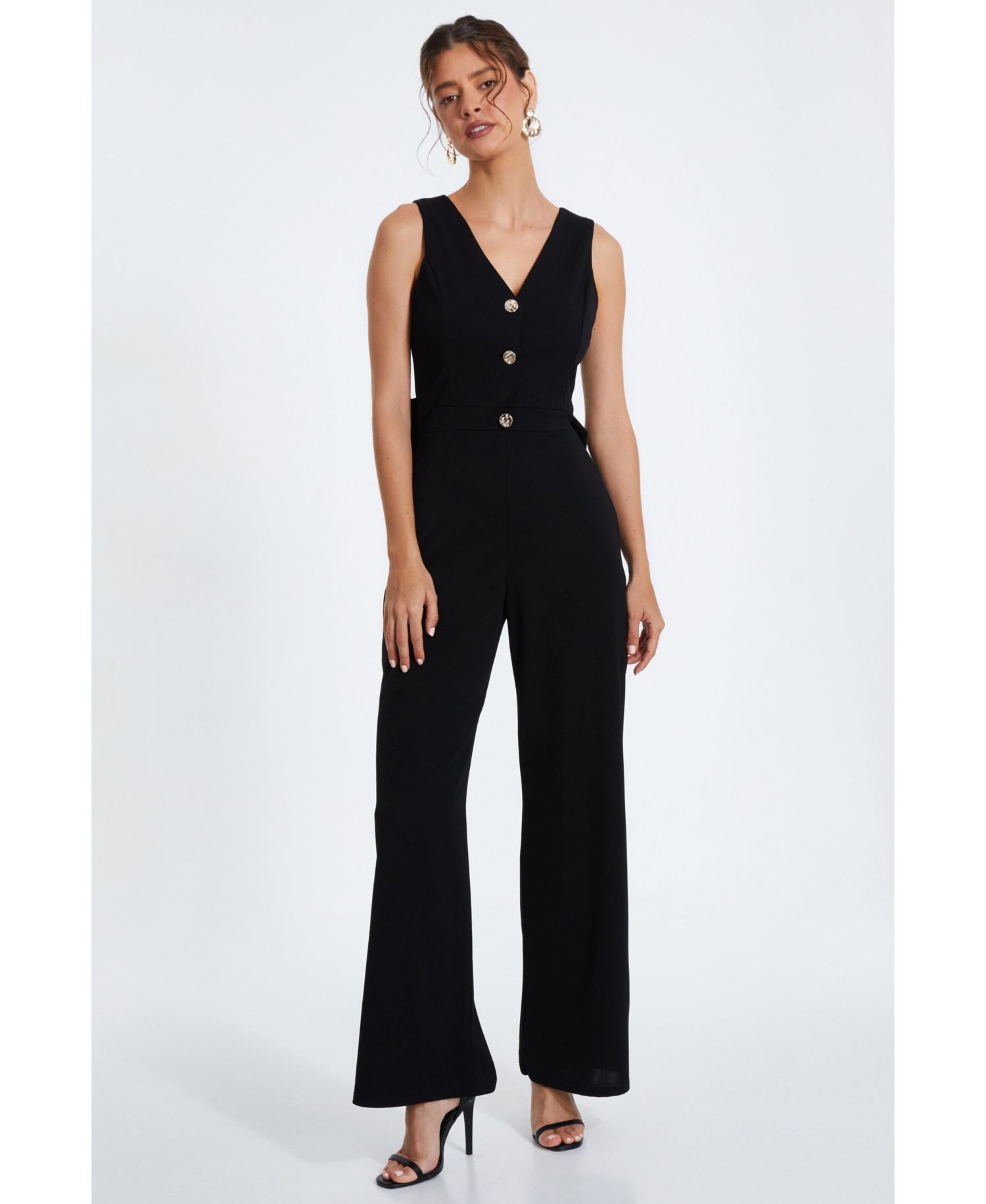 Women's Scuba Crepe Button Front Jumpsuit - Black