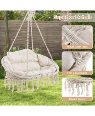 Swing Chair Hand-Woven Rope Hanging Chair with Thick Cushion & Folding Metal Frame