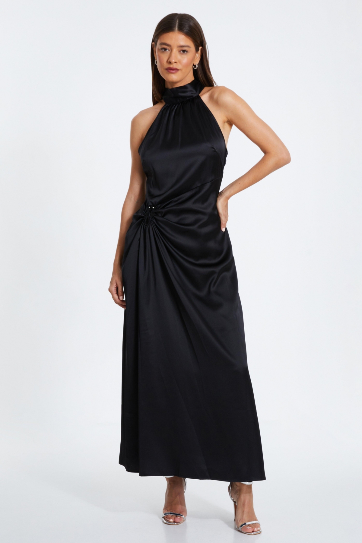 Women's Satin Halterneck Midi Dress - Black