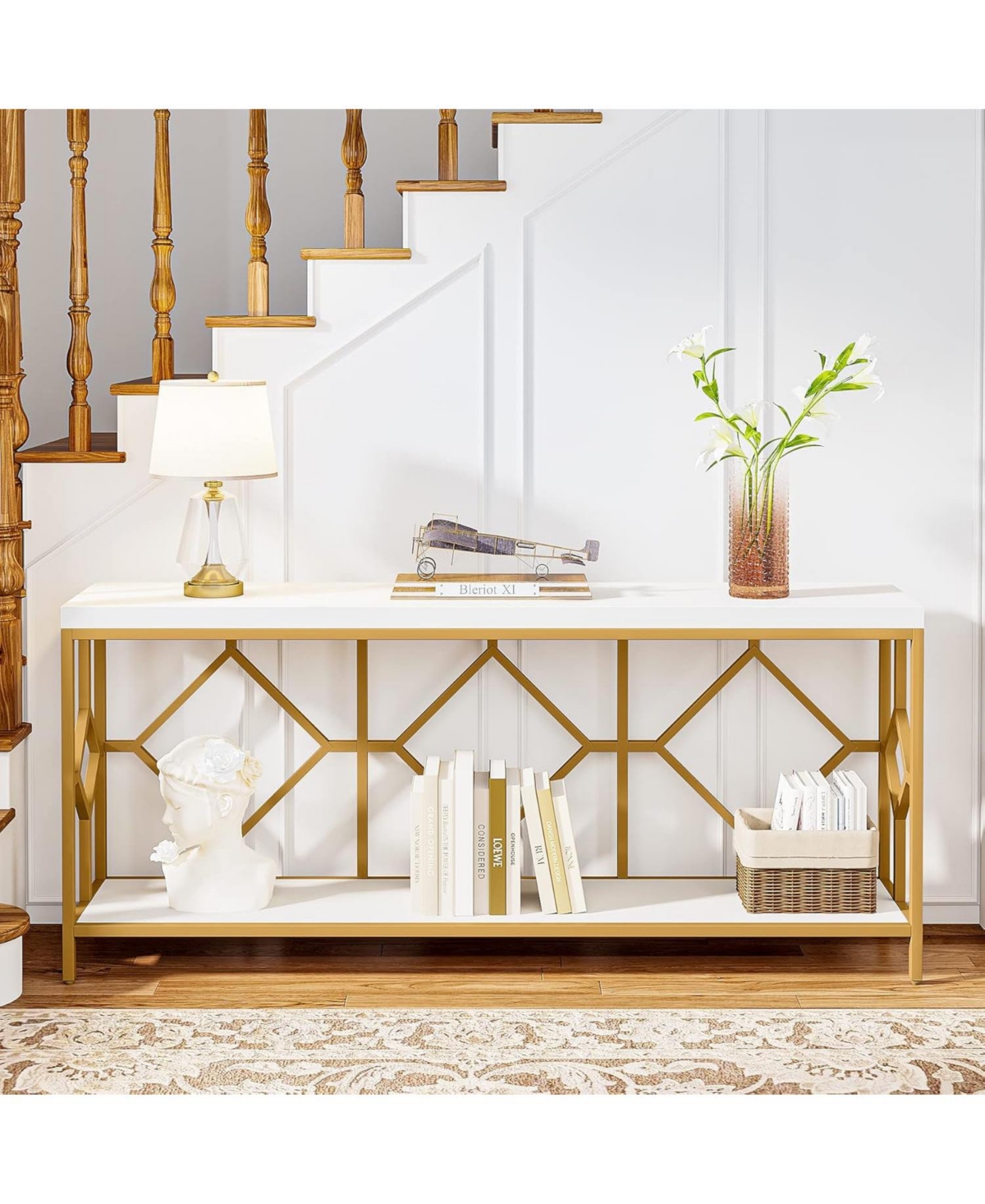 Tribesigns Extra Long Sofa Table, Narrow Long Sofa Console Tables Behind Couch Table with Open Storage Shelf - White and gold