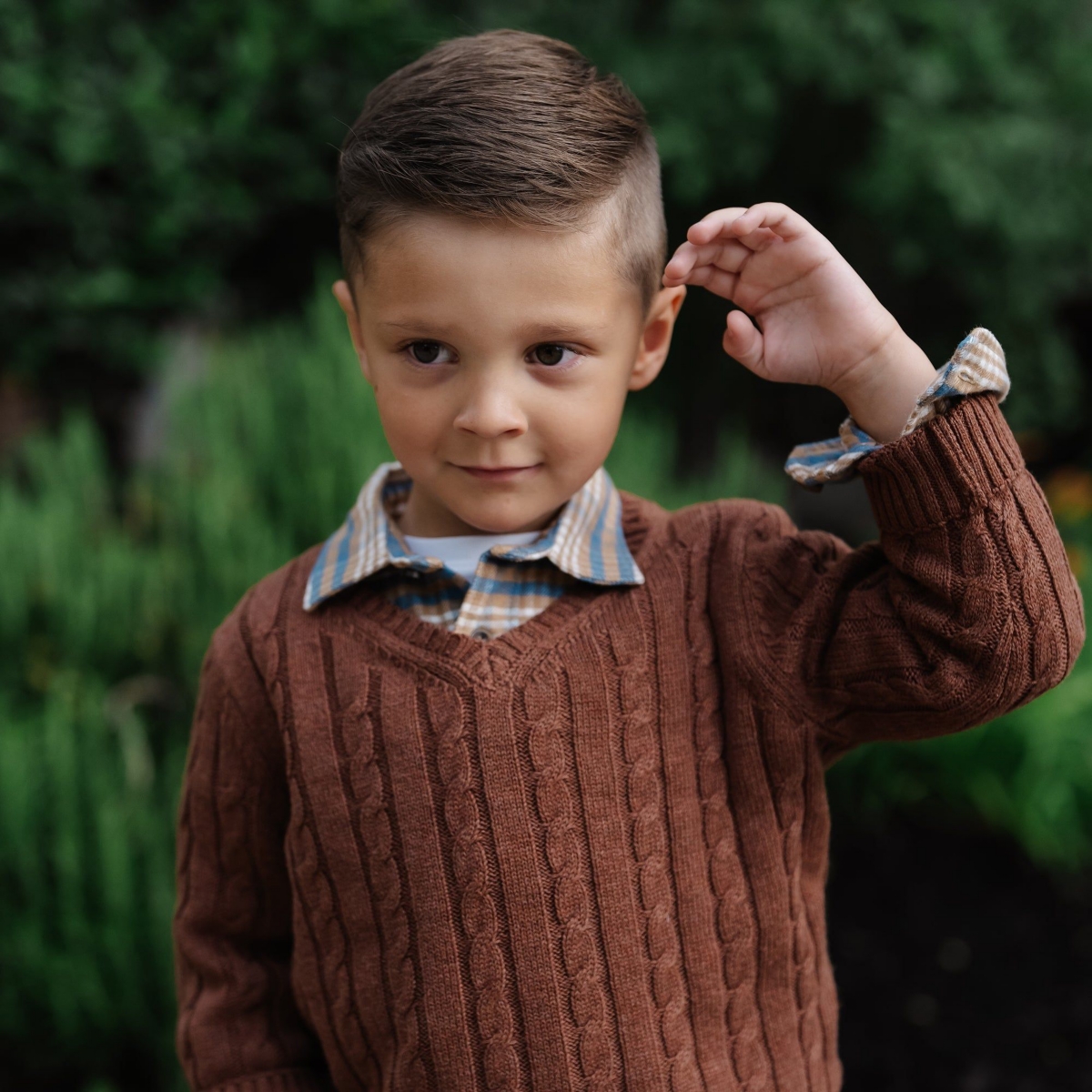 Hope & Henry Baby Boys Organic Long Sleeve Plaid Flannel Button Down Shirt with Elbow Patches