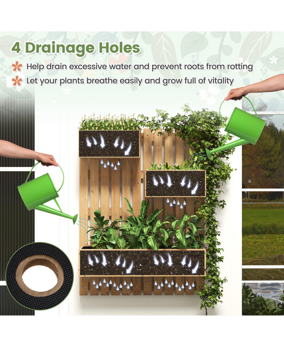 Givimo 3-Box Wooden Raised Garden Bed with Trellises and Fabric Liners- Natural