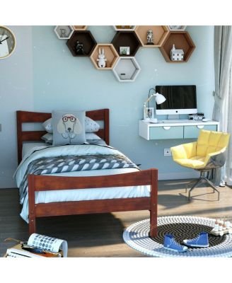 Twin Size Platform Bed Frame Foundation w/Headboard &Wood Slat Support Walnut