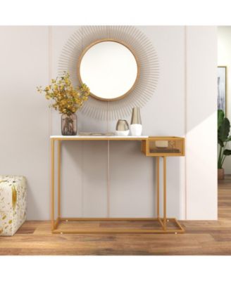 Rectangular White Faux Marble Console Table with Storage-Gold