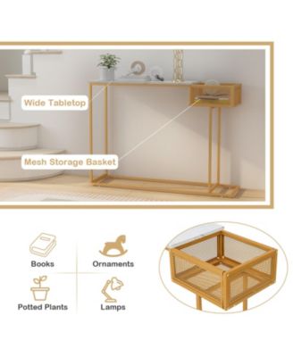Rectangular White Faux Marble Console Table with Storage-Gold