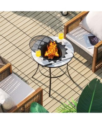23.5 Inches Round Fire Pit Table with Mesh Cover and Fire Poker