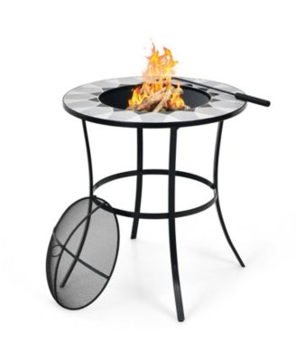 23.5 Inches Round Fire Pit Table with Mesh Cover and Fire Poker
