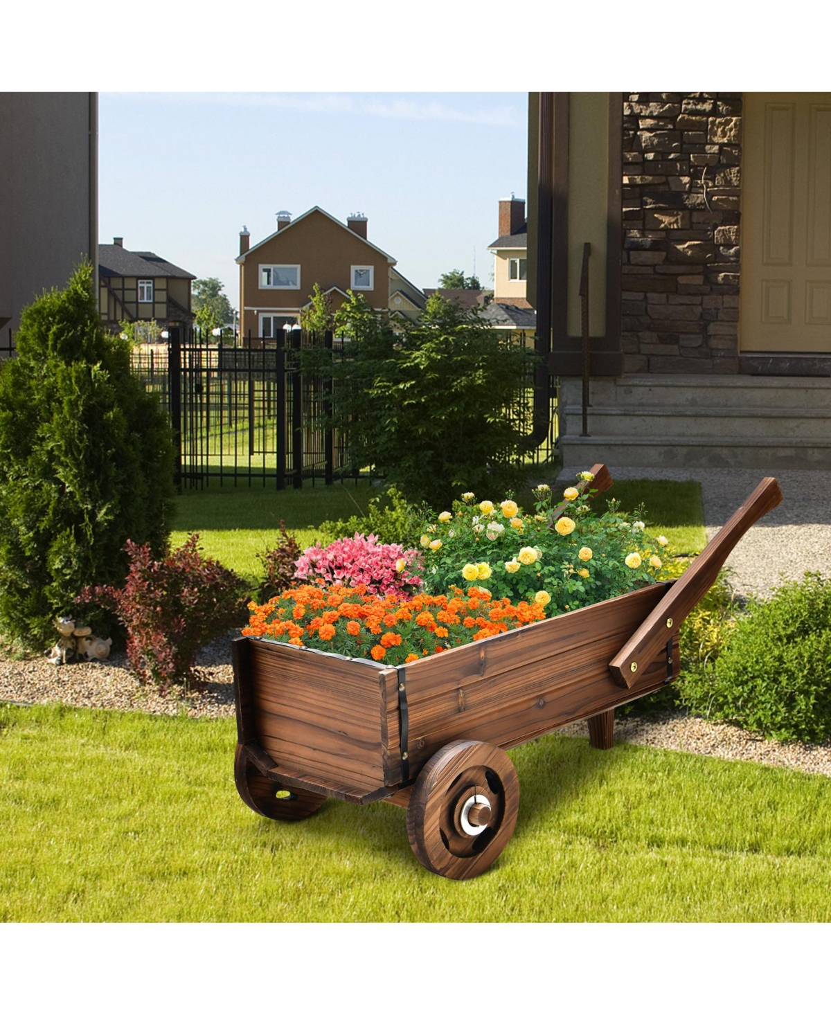 Sugift Wooden Wagon Planter Box with Wheels Handles and Drainage Hole-Rustic- Brown