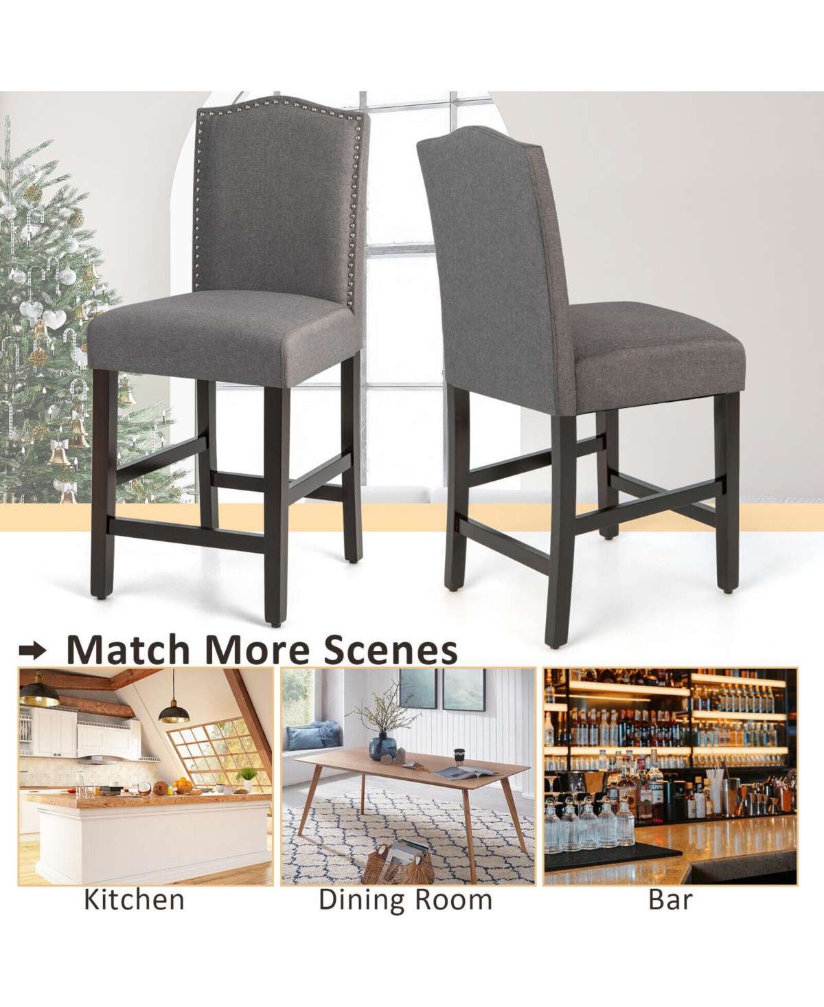 Skonyon Set of 2 Upholstered Counter Height Bar Stools with Rubber Wood Legs