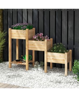 3-Tier Wooden Raised Garden Bed with Open Storage Shelf-Natural