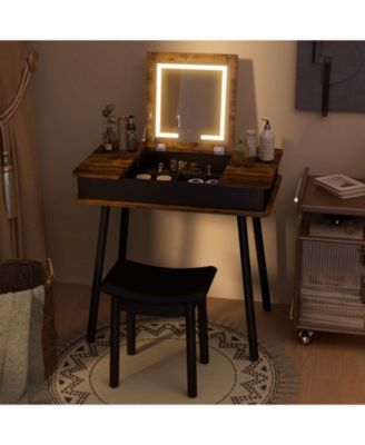 Vanity Table Set with Flip Top Mirror Lights USB Writing Desk and Stool-Brown