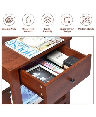 Set of 2 Nightstand with Storage Shelf and Pull Handle