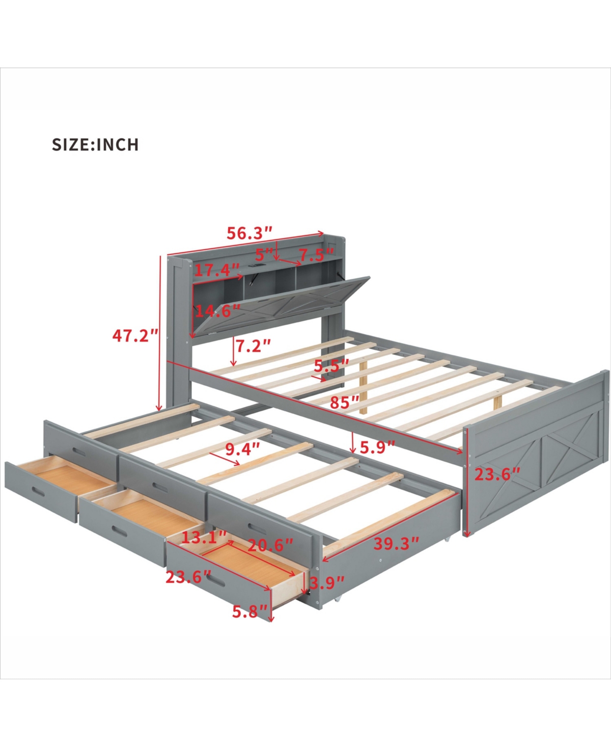 Full Wooden Storage Bed with Twin Trundle and Outlets