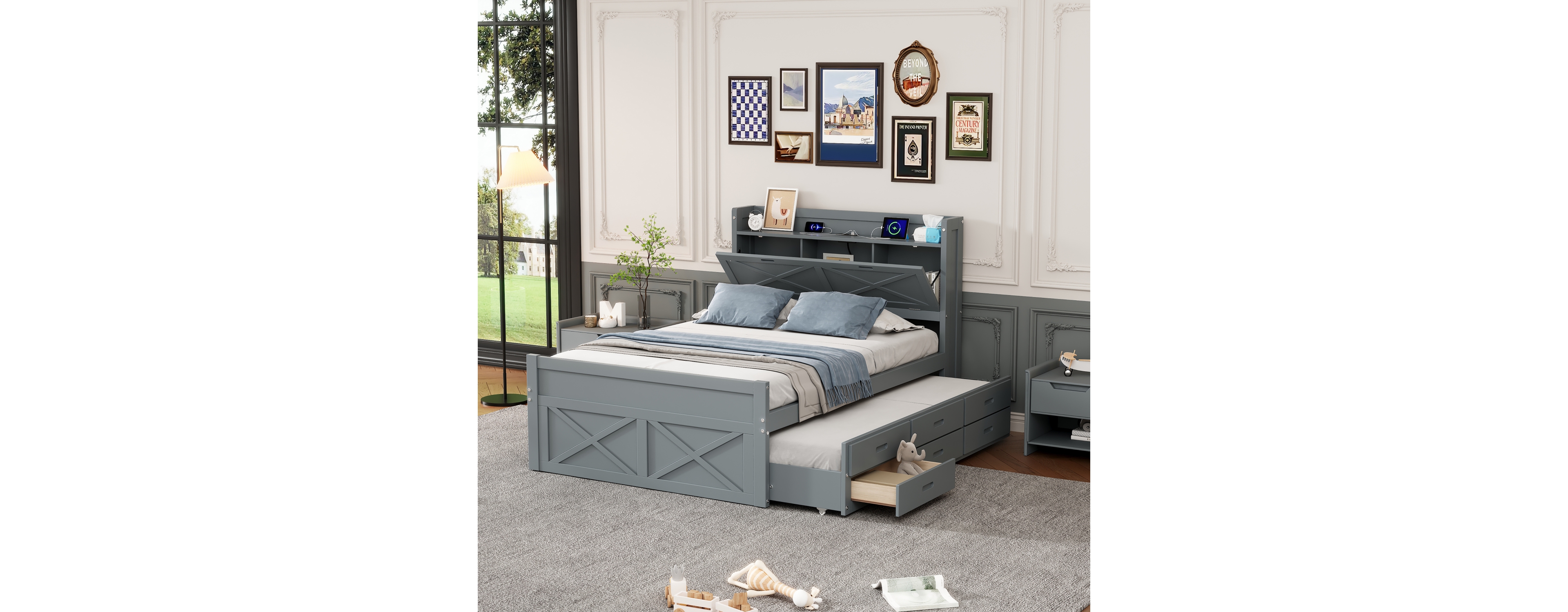 Full Wooden Storage Bed with Twin Trundle and Outlets