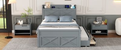 Full Size Wooden Storage Bed with Twin Trundle and Outlets