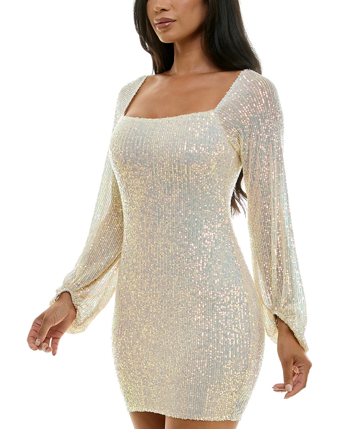 Emerald Sundae Juniors' Sequin Blouson-Sleeve Bodycon Dress -/ M