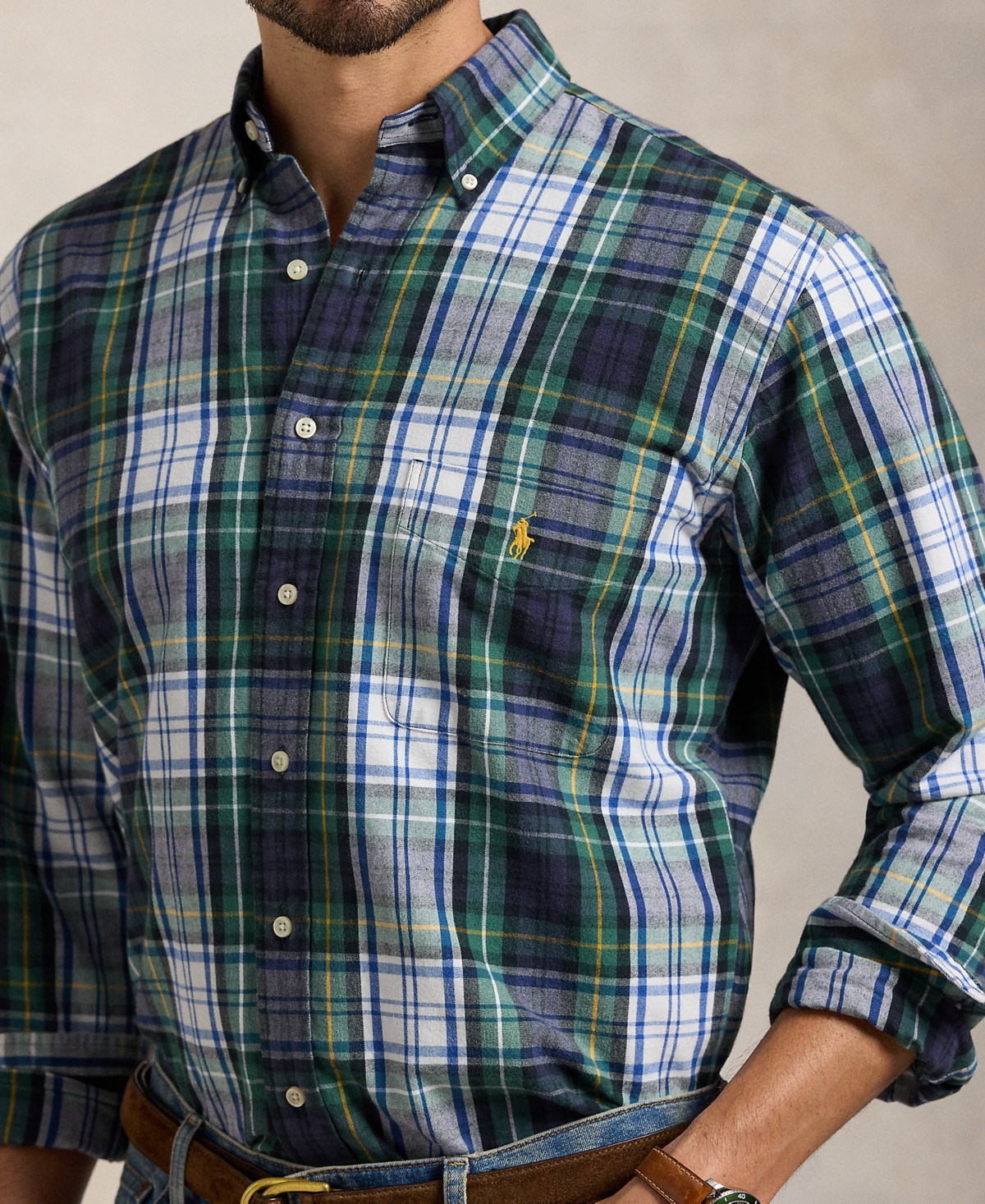 Polo Ralph Lauren Men's Big & Tall Plaid Brushed Oxford Shirt -Green