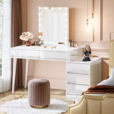 5-Drawer Wood Reversible Computer Desk – Modern Home Office Desk with Storage Drawers & Printer Stand, Vanity Writing Table