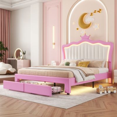  Princess Crown Bed with LED Lights and Drawers